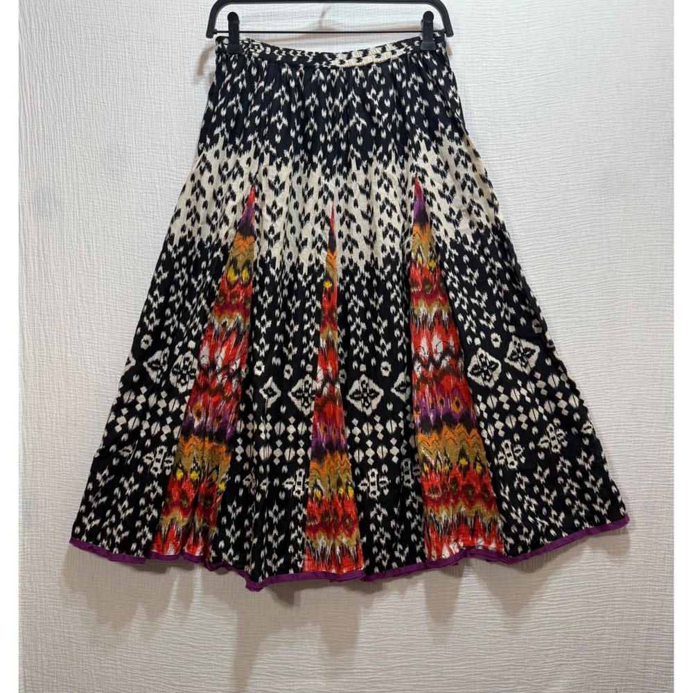 Susan Graver Midi Skirt Womens Small Multi Color Ikat Cotton Boho Flare Hippie